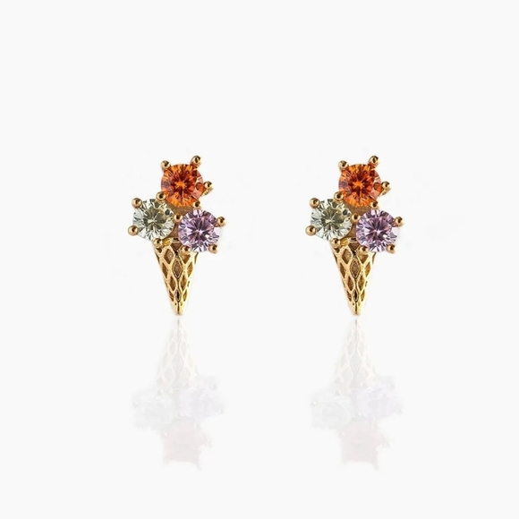 Tiny Ice Cream Cone Earrings with Multicolor Rhinestones - Picture 1 of 11